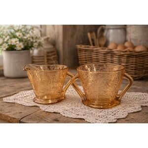 Vintage Amber Depression Glass Sugar & Creamer Set Floral Etched Pressed Glass